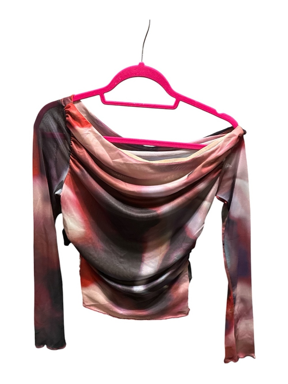 Women's Draped Long-Sleeve Asymmetrical Neck Top in Multicolor Wash